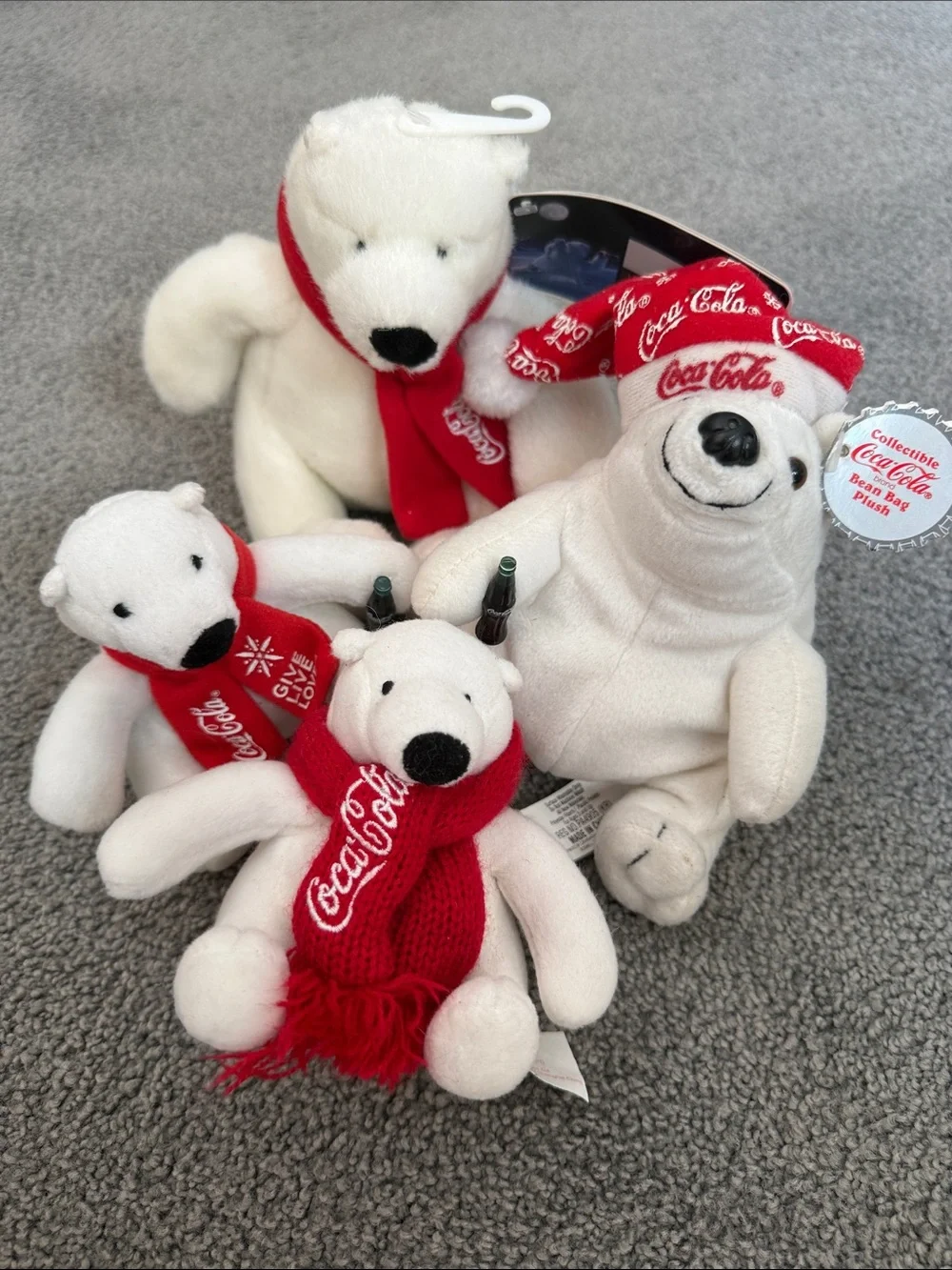 Vintage 90’s Coca Cola 4 Pc Polar Bear Plush Set with Red Scarves, Hat, Bottles!